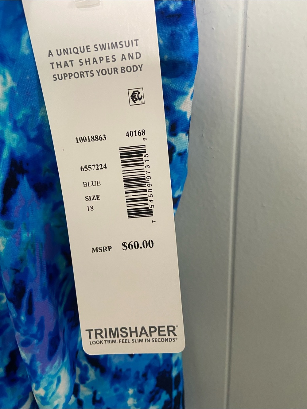 NWT Blue Watercolor Print Spaghetti-Strap Women’s Swim top. Size 18 trimshaper - Picture 4 of 6